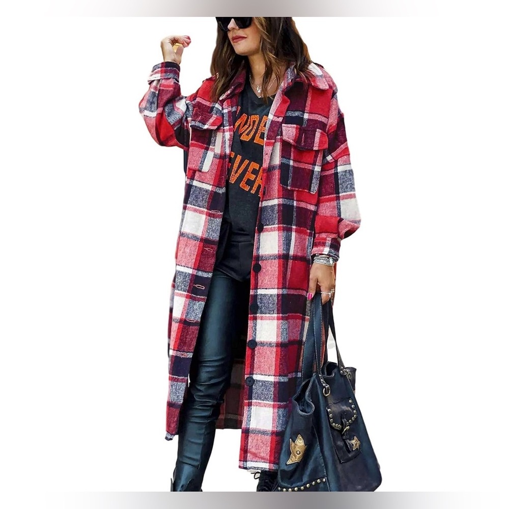 Flannel Plaid Red and Black Plaid Long Coat Shacket Fall
